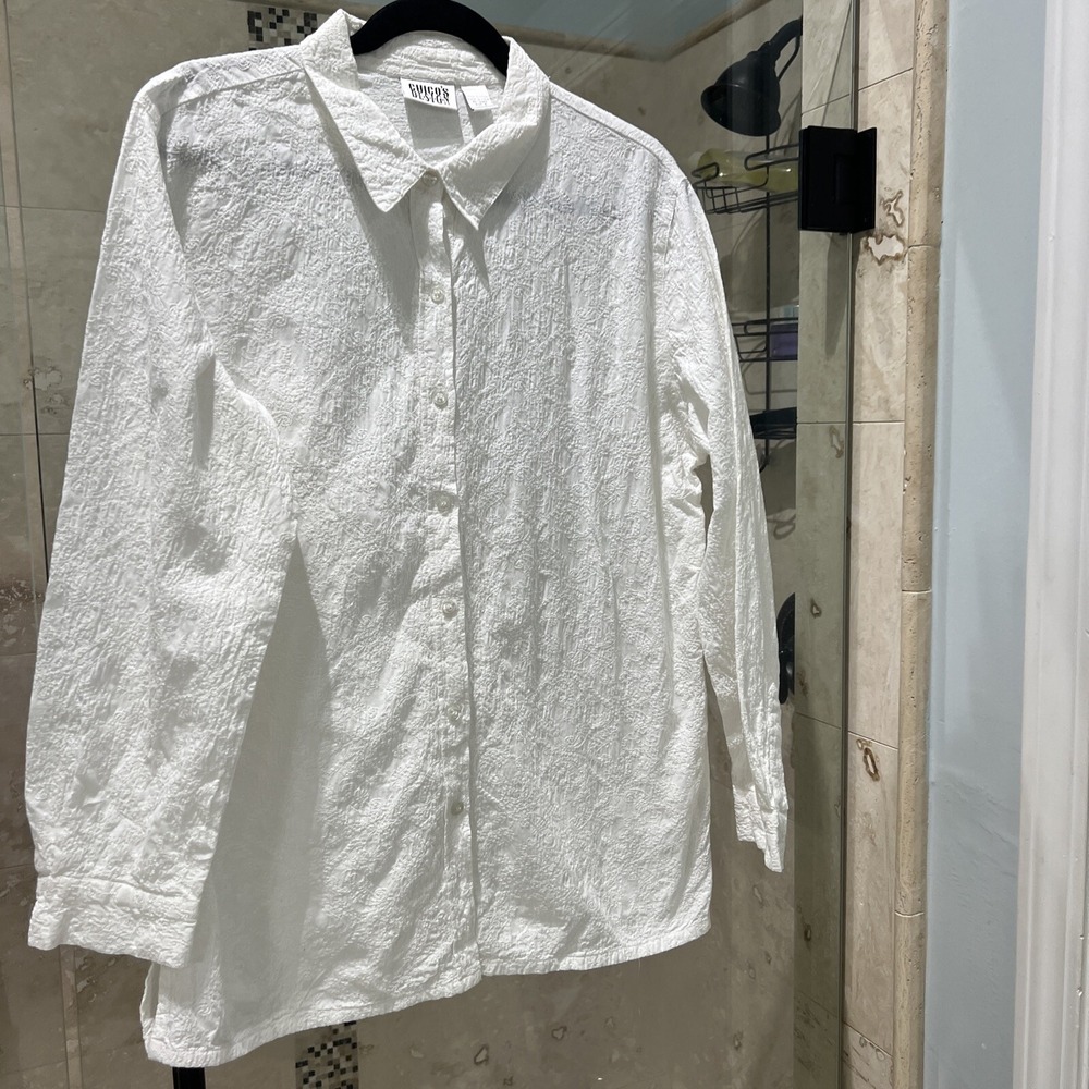 Chicos Design Womens White Embroidered Cotton Tunic Top Long Sleeve Size 3